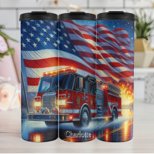 Brandweerwagen met Amerikaanse vlag reflectie Thermosbeker