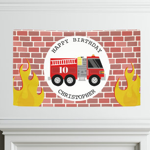 Brandweerwagen Vlammen Brick Verjaardag Spandoek