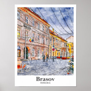 Brasov Roemenië Travel Waterverf Hand getekend Poster