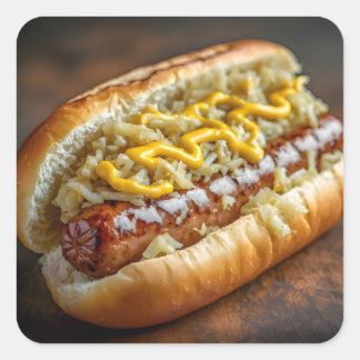 Bratwurst Sausage with Mustard and Sauerkraut Vierkante Sticker