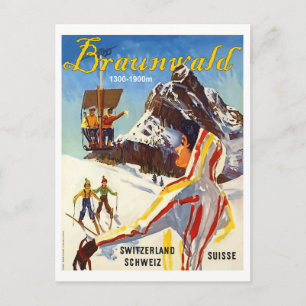 Braunvald, Zwitserse bergen, mensen op ski Briefkaart