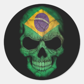 Braziliaanse vlag schedel op zwart ronde sticker