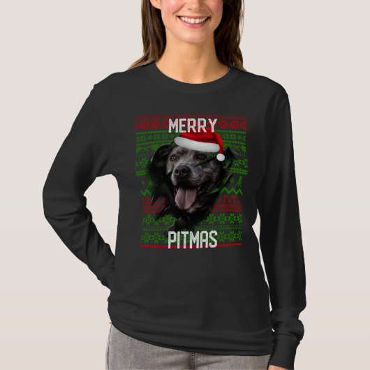 Break Muur Grijze Hond Pitbull Kerstmis Santa Hoed T-shirt (Voorkant)