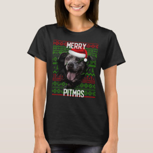 Break Muur Grijze Hond Pitbull Kerstmis Santa Hoed T-shirt