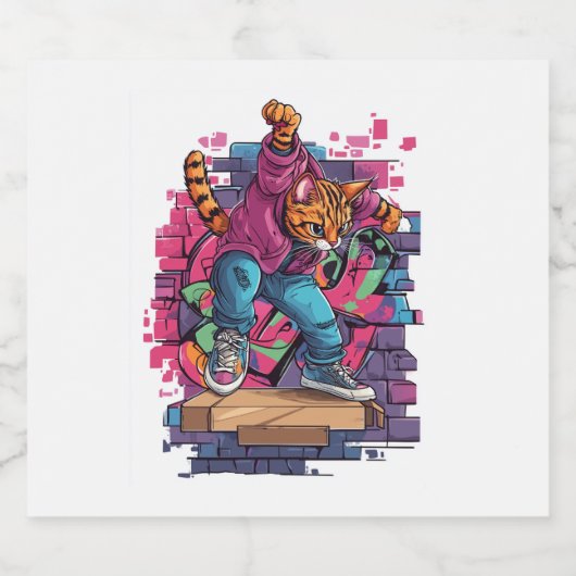 Breakdance Meow – Urban Graffiti Kattendans Sparkling Wijnetiket (Enkel label)
