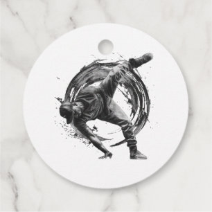 Breakdancer in actie, in inktspatterstijl bedankjes labels