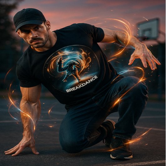 Breakdancer in Neon Swirl Spotlight Dynamic Urban T-shirt