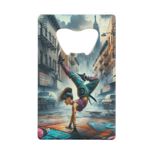 Breakdancer Vrouwen in actie New York silhouet Kredietkaart Flessenopener