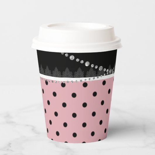 Breakfast & Brunch roze & black polka damask Papieren Bekers (Voorkant)