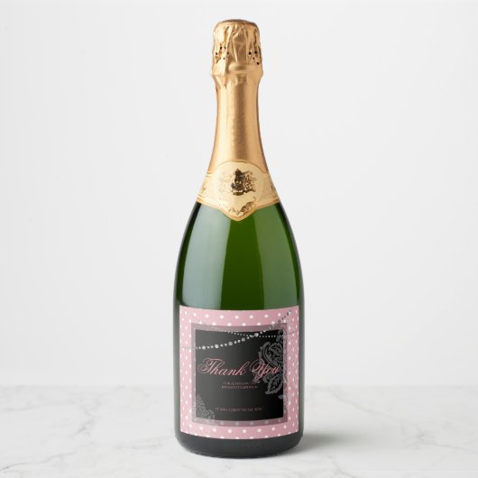 Breakfast en brunch roze en witte polka dots sparkling wijnetiket (Voorkant)