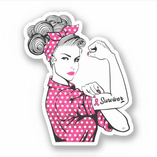 Breast Cancer Survivor Rosie Riveter Pink Sticker (Voorkant)