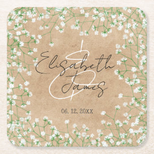 Breath White Flowers Rustic Boho Wedding Vierkante Kartonnen Onderzetter