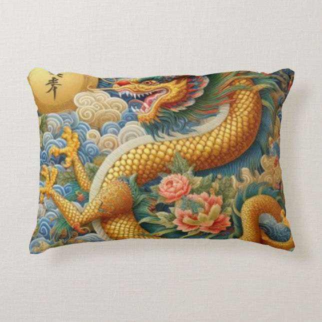 Breathe Fire Chinoiserie Dragon Gold Accent Kussen (Voorkant)