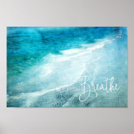 Breathe Yoga Quote Retro Beach Blauwgroen Blauwe O Poster