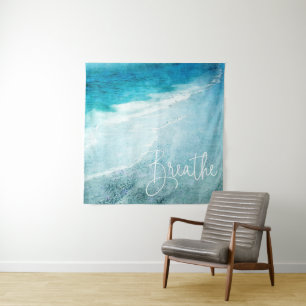 Breathe Yoga Quote Retro Beach Blauwgroen Blauwe O Wandkleed