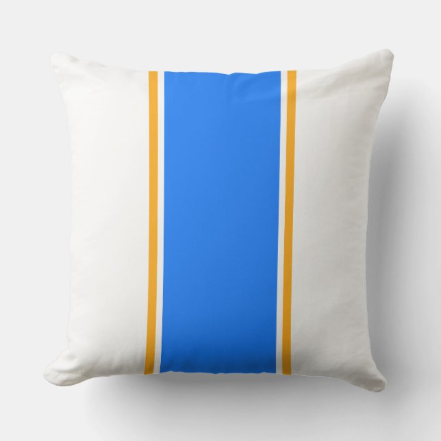 Brede helderblauw Sinaasappel racestrepen op wit Buitenkussen (Voorkant)