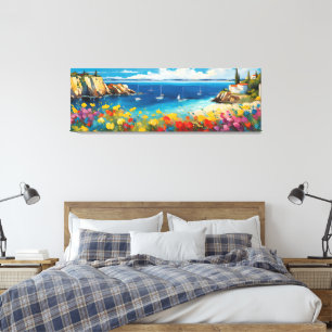 Brede zeegezicht mediterrane jachten en bloemen canvas afdruk