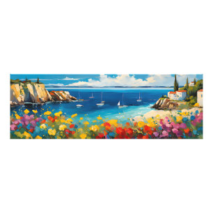 Brede zeegezicht mediterrane jachten en bloemen foto afdruk
