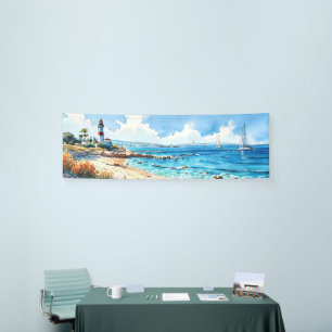 Brede zeegezicht mediterrane vuurtoren en jachten spandoek