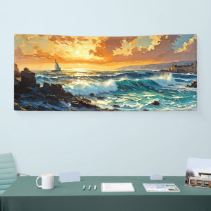 Breed zeegezicht Mediterraans gouden zonsondergang Spandoek
