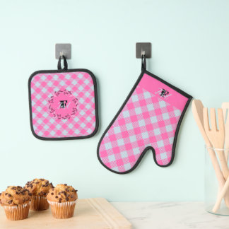 "Breezy Blue, Hot Pink" Gingham Ovenwant & Pannenlap Set
