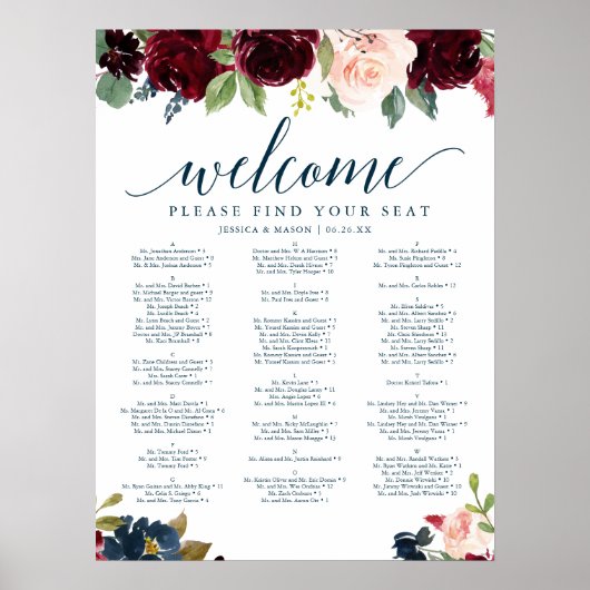 Breezy Burgundy Navy Wedding Seating Chart Poster (Voorkant)