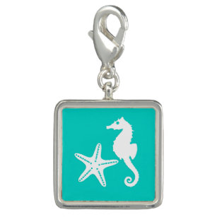 Breloque Hippocampe et étoile de mer - blanc sur turquoise