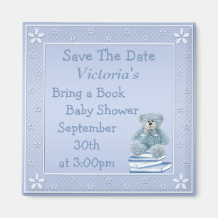 Breng een Boek Blue Teddy Baby shower Save the Dat Magneet