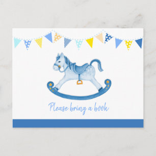 Breng een boek schommelpaard babyshower blauwe kaa uitnodiging briefkaart