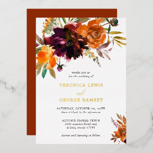 Brent Oranje Bourgogne Floral Rustic Wedding Gold Folie Uitnodiging
