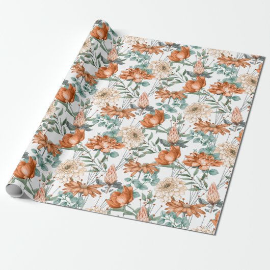 Brent Oranje Floral Greenery Pattern Cadeaupapier (Uitgerold)