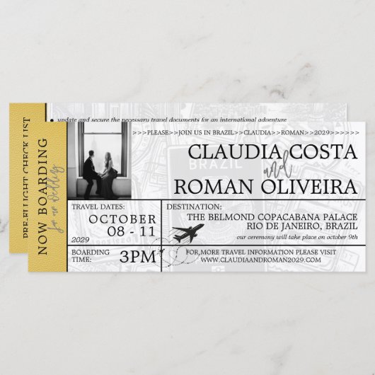 Brésil Mariage Jaune Boarding Pass Invitation (Devant / Derrière)
