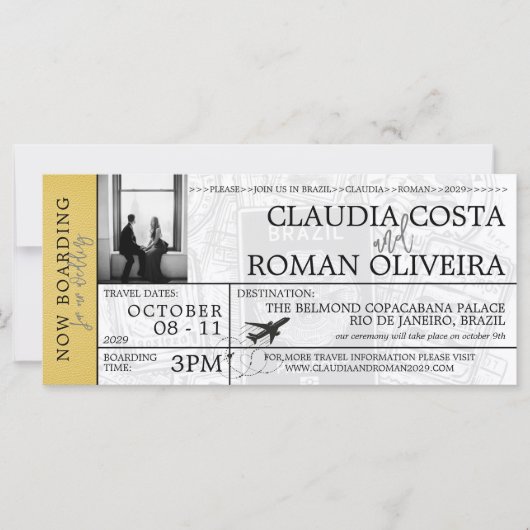 Brésil Mariage Jaune Boarding Pass Invitation (Devant)