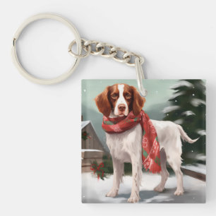Bretagne Spaniel Hond in Sneeuw Kerstmis Sleutelhanger