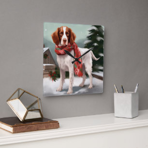 Bretagne Spaniel Hond in Sneeuw Kerstmis Vierkante Klok