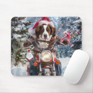Bretagne Spaniel Hond Rijden Motorfiets Kerstmis Muismat