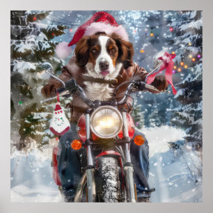 Bretagne Spaniel Hond Rijden Motorfiets Kerstmis Poster