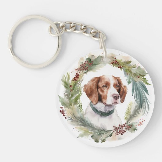 Bretagne Spaniel Kerstkrans Feestelijke Pup Sleutelhanger (Voorkant)