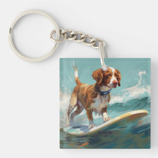 Bretagne Spaniel Strand Surfen Schilderij Sleutelhanger (Voorkant)