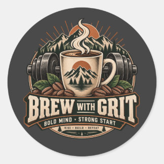 Brew With Grit Vintage Koffie Fitness Kracht Ronde Sticker