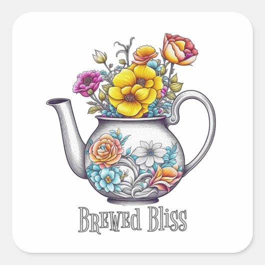 Brewed Bliss Theepot Vierkante Sticker (Voorkant)