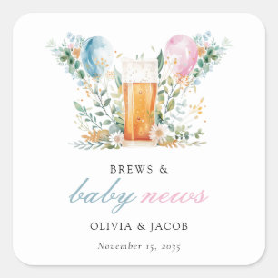 Brews & Baby Nieuws Gender Reveal Party Vierkante Sticker