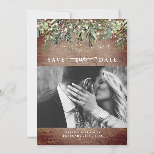 Brick Botanical String Lights Foto Weddenschap Save The Date (Voorkant)
