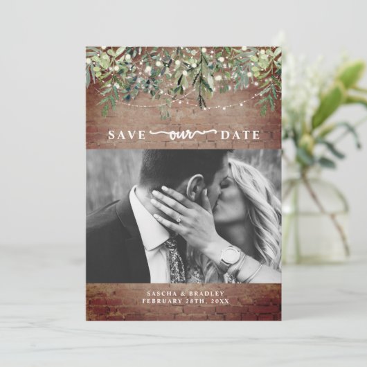 Brick Botanical String Lights Foto Weddenschap Save The Date (Staand voorkant)
