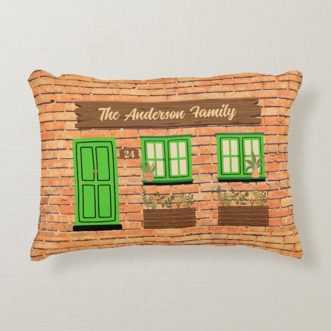 Brick House met groene deur aangepaste tekst Accent Kussen (Voorkant)