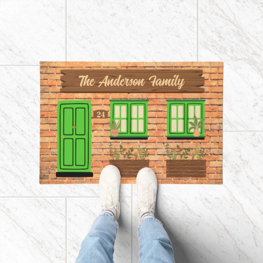 Brick House met groene deur aangepaste tekst Deurmat (Binnen)