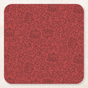 Brick Red Bloemen Damask Pattern Vierkante Kartonnen Onderzetter