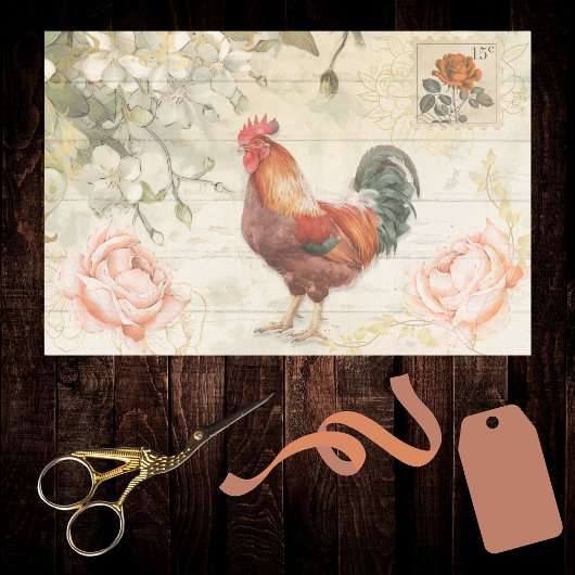 Brick Red Green Rooster Boerderij Chic met Rozen Tissuepapier
