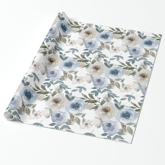Bridal Blue en White Waterverf Rozen Cadeaupapier (Uitgerold)