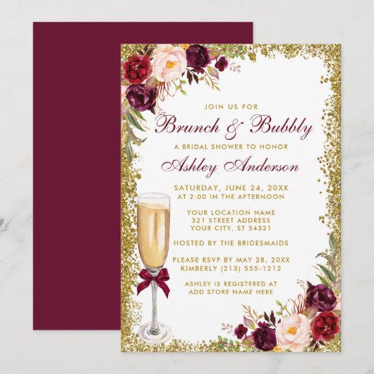 Bridal Brunch Bubble Burgundy Floral Glitter Kaart (Voorkant / Achterkant)